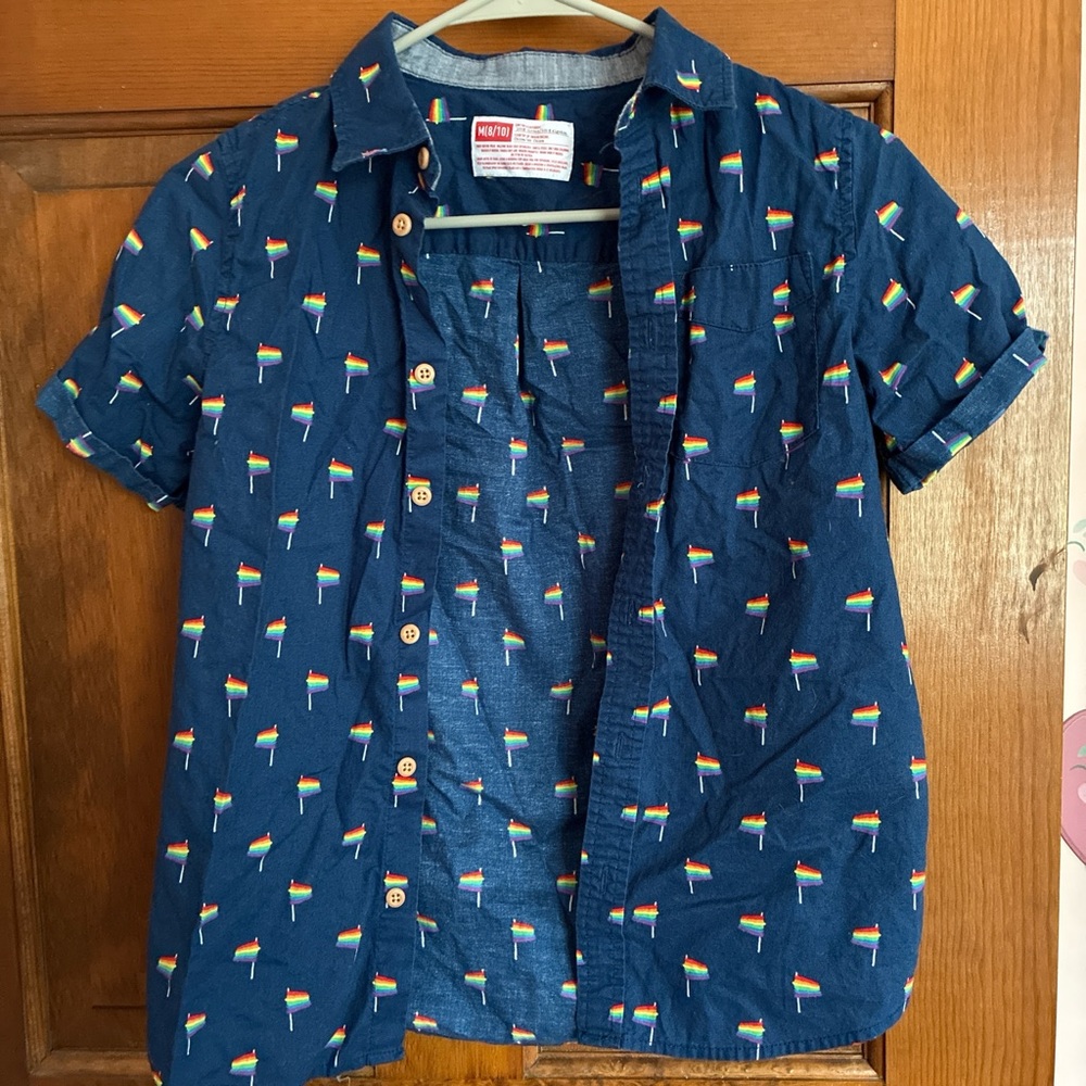 Target Kids Blue Button Down Shirt with Rainbow Flags